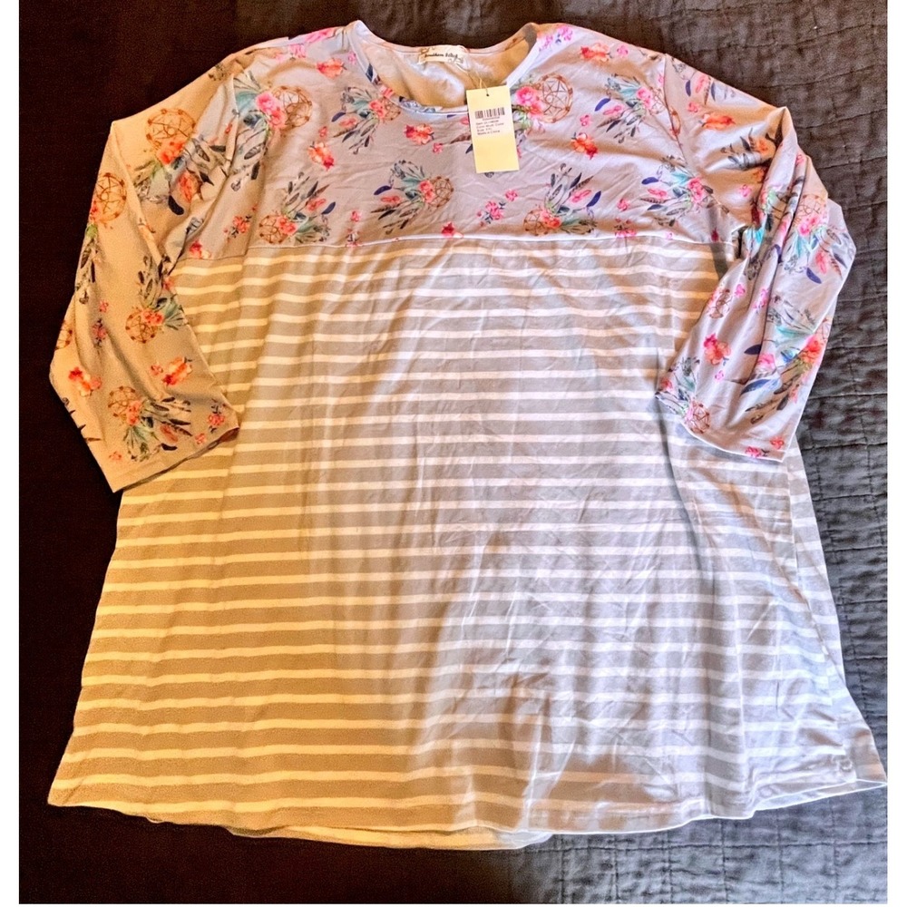 Southern Stitch Floral Dreamcatcher Striped Mixed‎ Print Top XXL New DLH4696